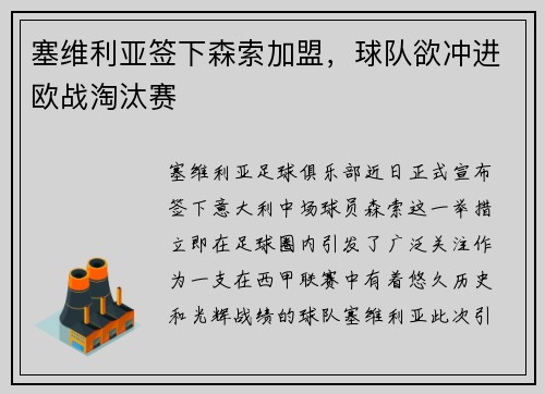 塞维利亚签下森索加盟，球队欲冲进欧战淘汰赛
